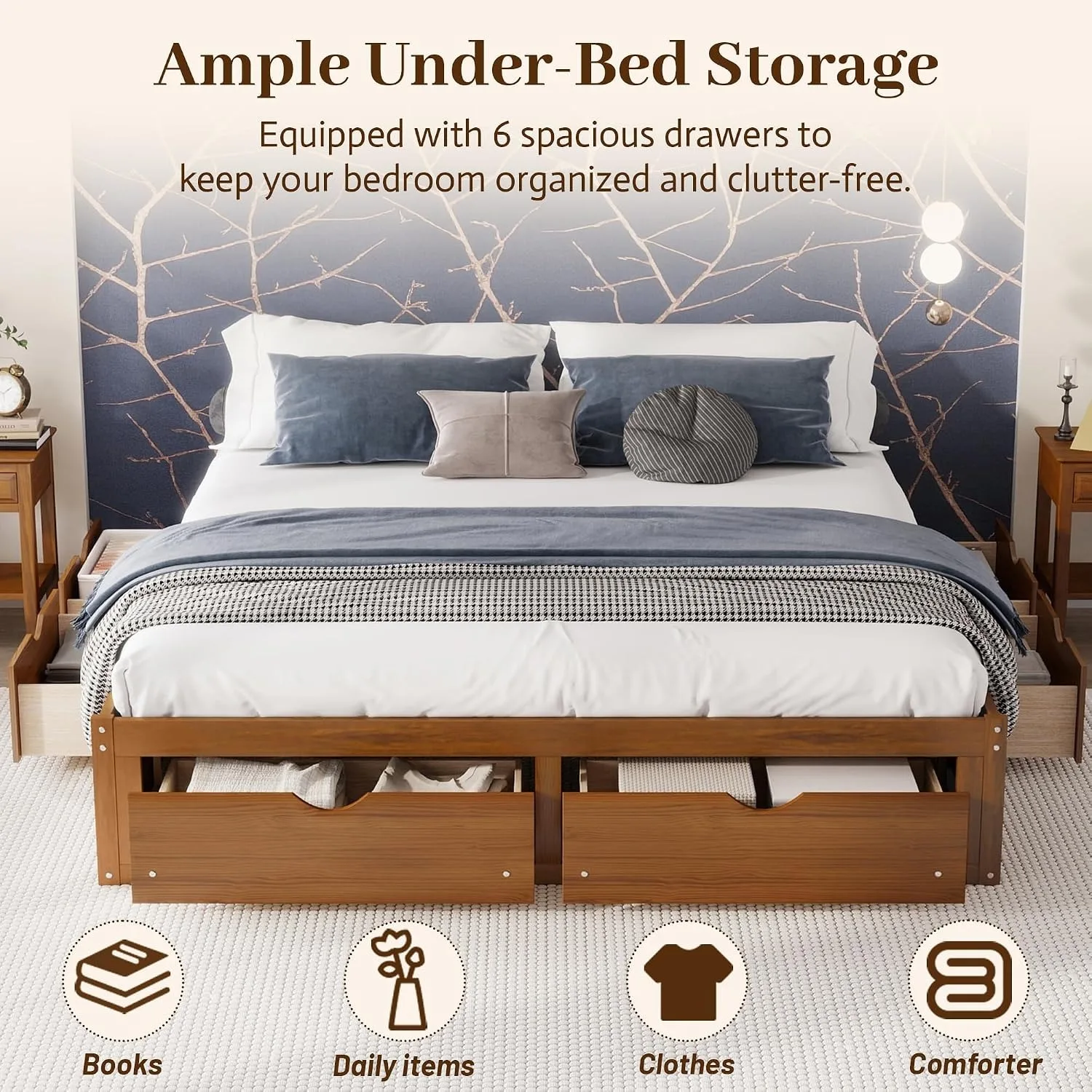 King Size Bed Frame With Storage Drawers - Minimalist Pine Wood Platform Bed Frame,6