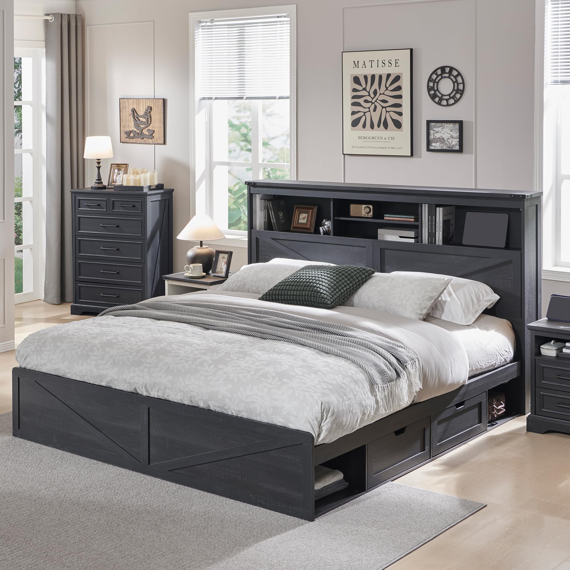 Farmhouse King Size Bed Frame  - đánh giá và giá King Size Bed Frame With Storage Drawers
