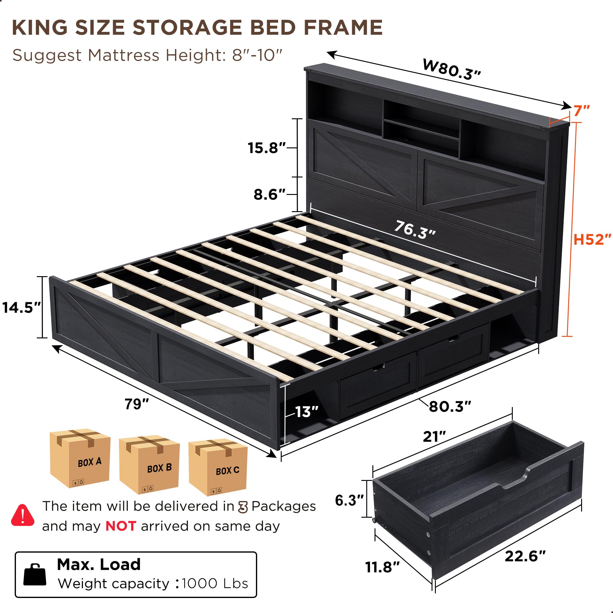 Farmhouse King Size Bed Frame  - đánh giá và giá King Size Bed Frame With Storage Drawers