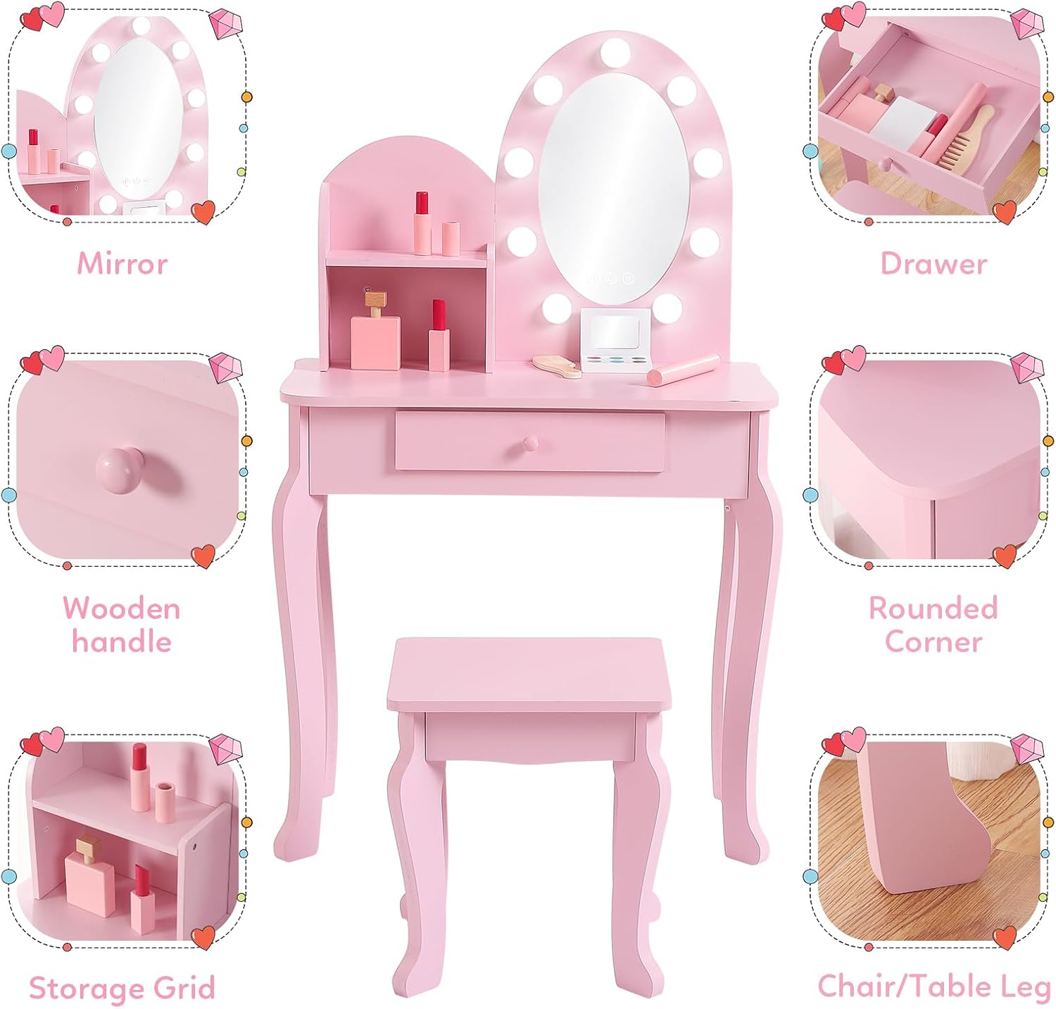 Princess Style Kids Vanity Set - đánh giá và giá Dressing Table Vanity With Lighted Mirror