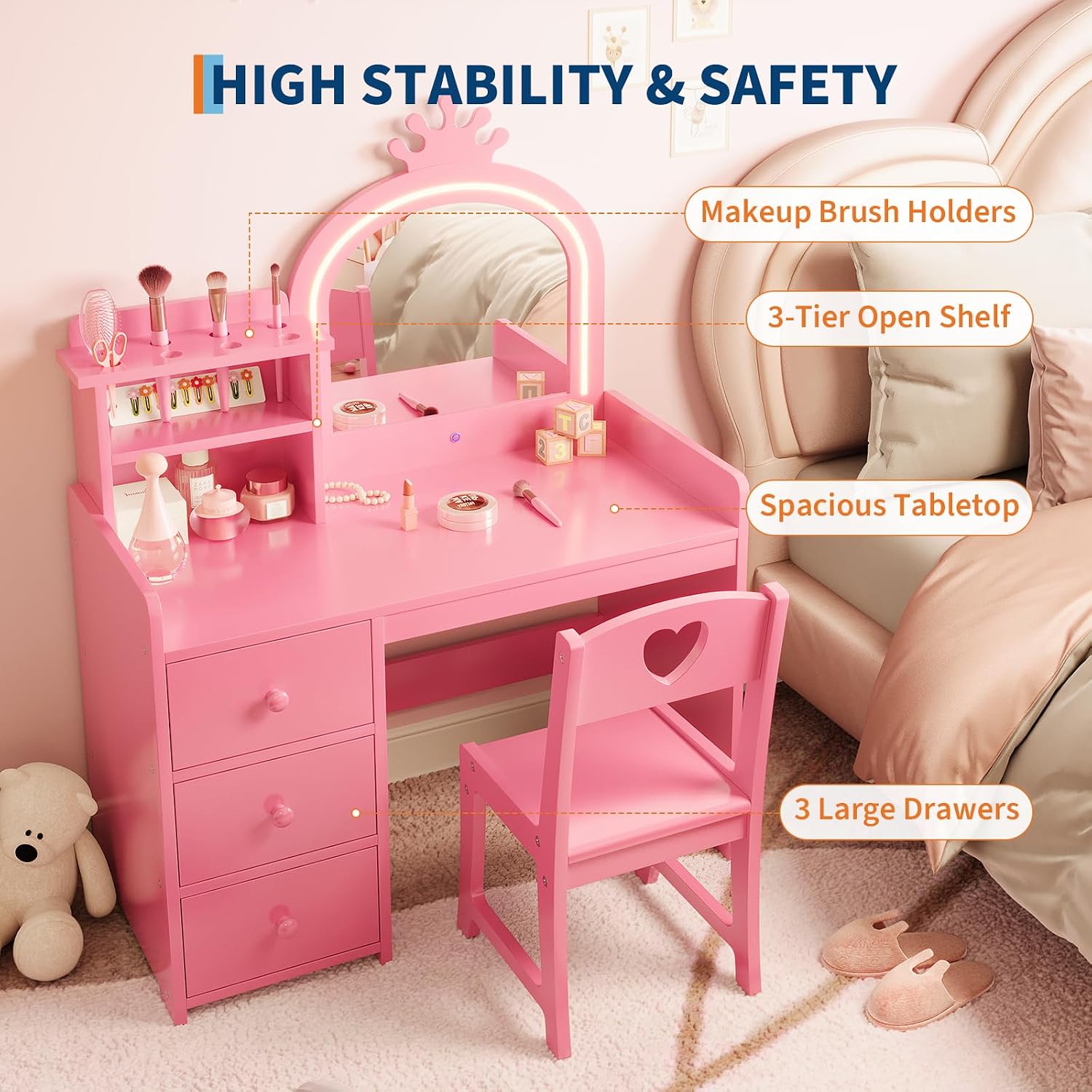Kids Vanity Desk with Lighted  - đánh giá và giá Dressing Table Vanity With Lighted Mirror