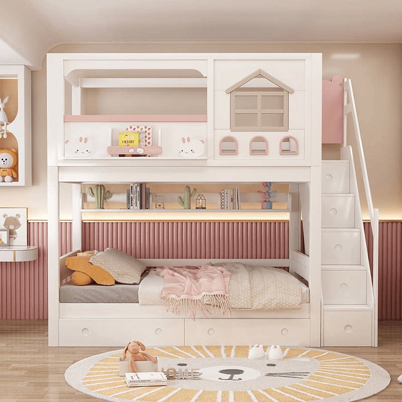 Modern Pink Solid Wood Kids Bu - đánh giá và giá Bunk Bed With Stairs And Slide