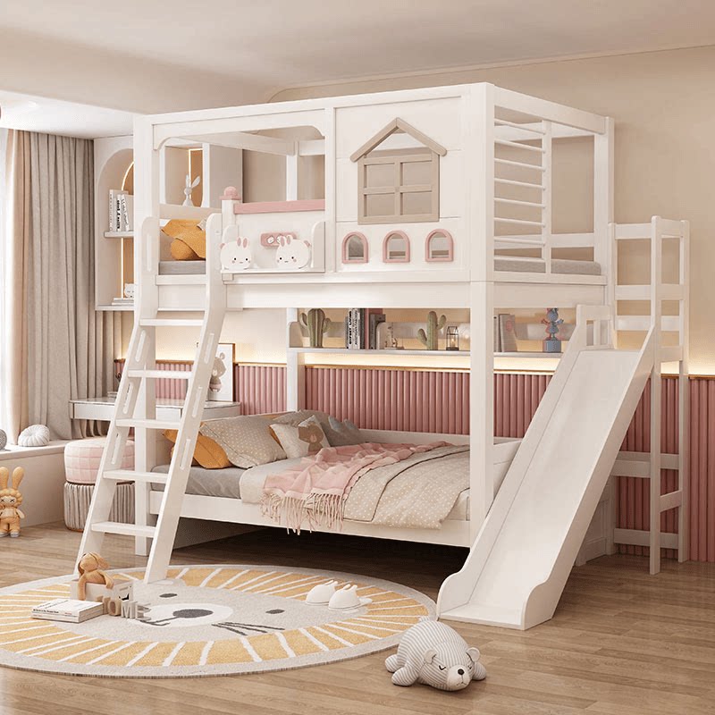 Modern Pink Solid Wood Kids Bu - đánh giá và giá Bunk Bed With Stairs And Slide